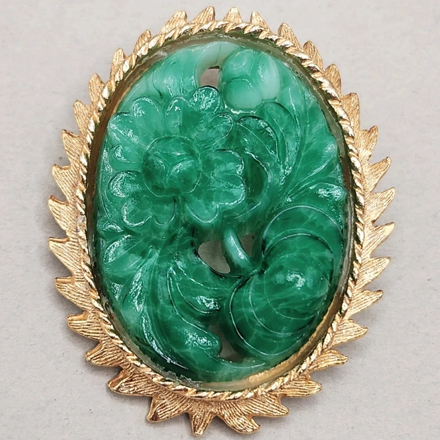 Vtg Peking Molded Glass Brooch Dodds RARE Green Flower Goldtone Carved Jade Look
