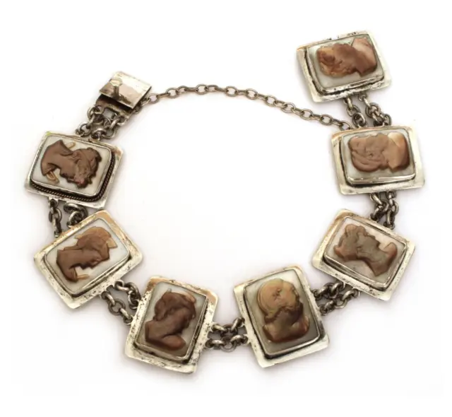 Cameo Bracelet 800 Silver Carved Abalone Shell Cameos of Roman God and Goddess