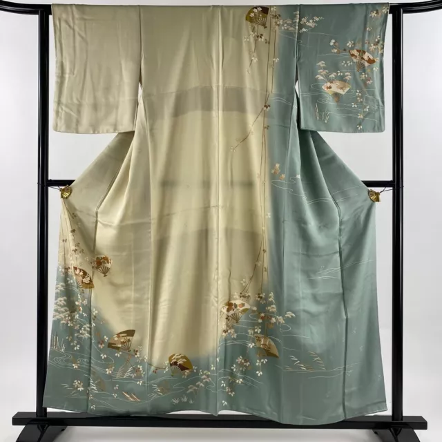 Japanese Silk Kimono Houmongi Gold Thread Foil Fan Pine Bamboo Plum Beige 60"
