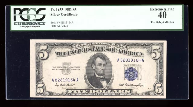 DBR $5 1953 Silver Fr. 1655 AA Block PCGS XF-40 Serial A82819164A