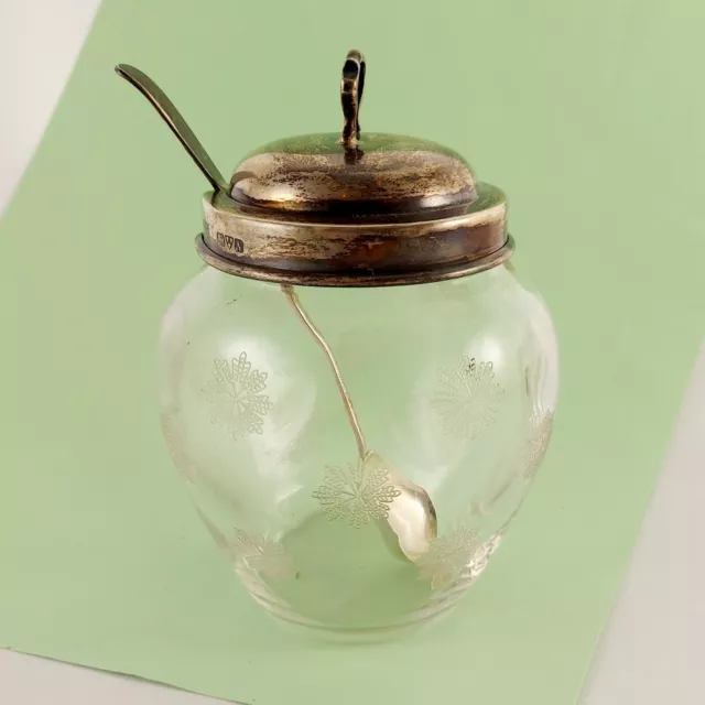 Sterling Silver & Glass Mustard / Jam Jar With Silver Spoon 1913 Barker Brothers