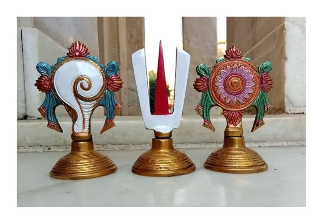 Shankh Chakra Tilak 3 Piece Pure Brass Big Size truly Hand Painted Home Temple
