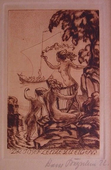 Exlibris Dr. Josef Lenze zu eigen. Original-Radierung. Motiv: Drei weibliche Akt