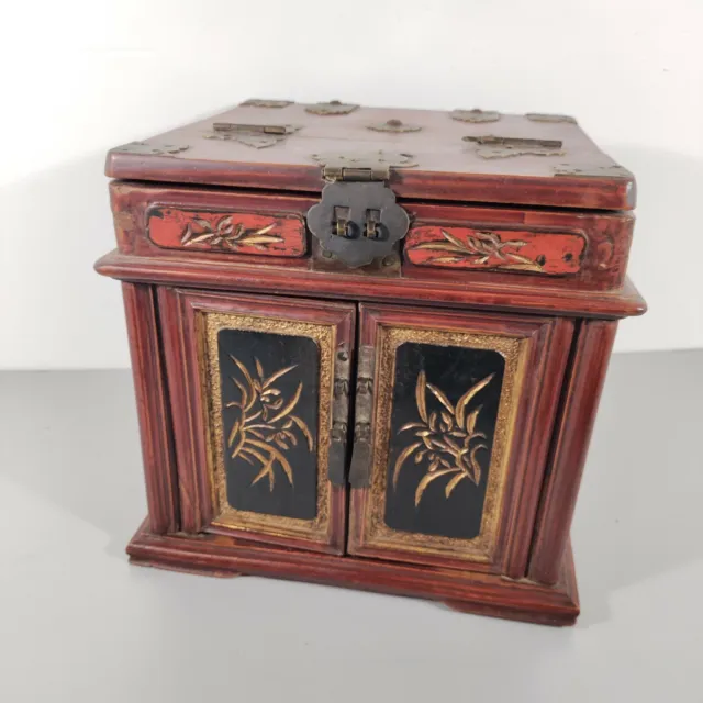 Antique Asian Jewelry Box Hand Made Dovetail Drawers Gilded 19th Cent.