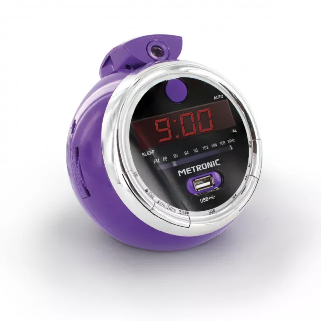 Metronic Despertador Reloj De Mesilla Noche Con Proyección Fm USB Pantalla Lila