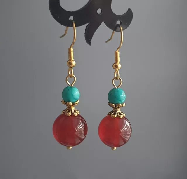 Red Carnelian Agate & Blue Green Turquoise Gold Plated Hook dangle Earrings