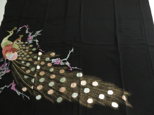 2S01z270 Japanese Kimono Silk Embroidery FABRIC Black Peacock 45.7"
