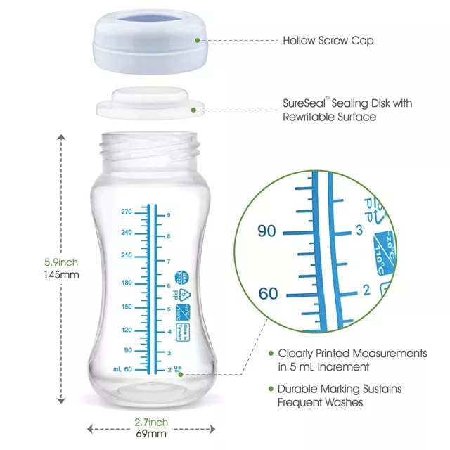 Botella de almacenamiento y colección de leche materna de cuello ancho Maymom 9 oz; compatible con espectros 3