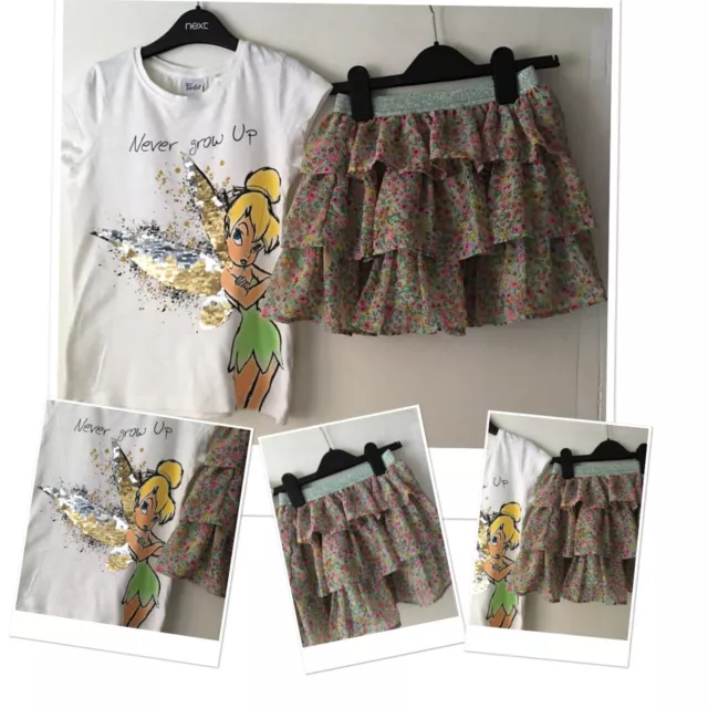 Next girls Disney tinkerbell sequin top & H&M floral ruffle skirt 5-6 years