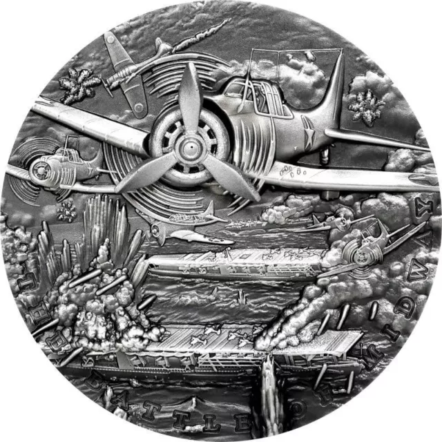 2021 Niue Sea Battles The Battle of Midway 2oz Silver Antiqued High Relief Coin