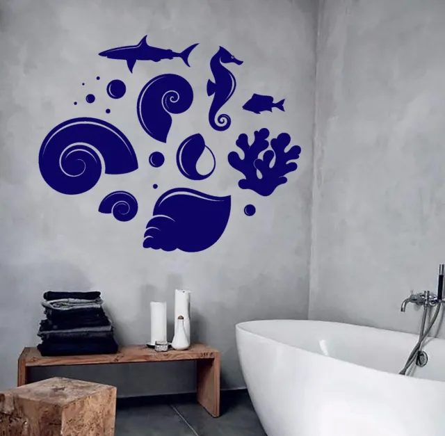 Vinyl Wall Decal Stickers Ocean Sea Shells Fish Shark Seahorse (681ig)