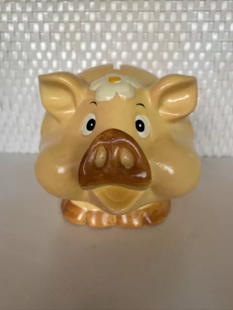 1960’s Yellow Ceramic Piggy Coin Bank Yellow & White, Decorated with Daisies