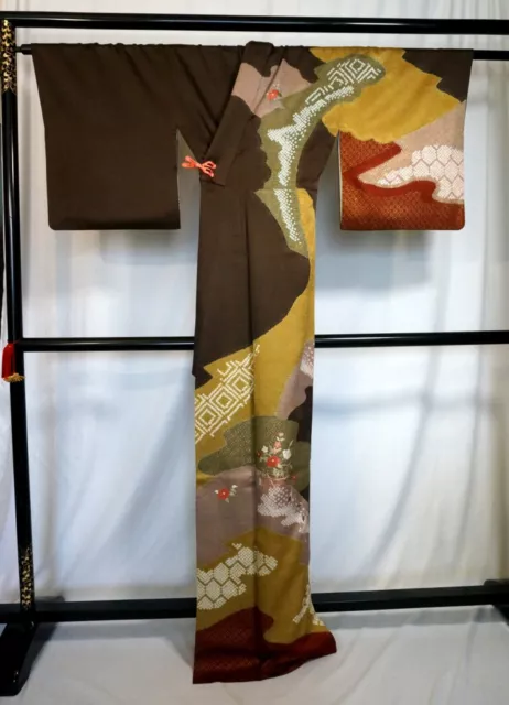 Japanese kimono  "HOUMONGI", Embroidery,Shibori Dye, Flower Busket,L5' 5"..3303