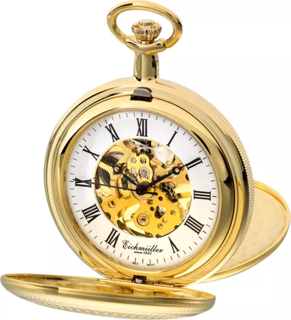 Eichmüller mechanische Messing Skelett Taschenuhr Gold mit Kette und Etui 2