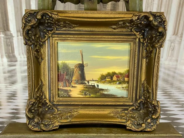 Quadro A Olio Persone Sul Fiume Cornice Massiccia Mastica Mazza