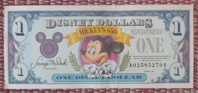 Disney Dollar One Dollar Bill / Note - 1993 Mickey's 65th - USA Disney Dollar One Dollar Bill / Note - 1993 Mickey's 65th - USA