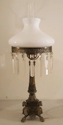 Vintage Nouveau Glass Crystal Prism 30" Table Lamp w/ Milk Glass Mushroom Shade