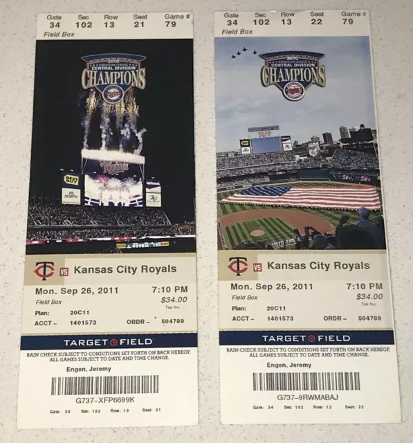 9/26/11 Kansas City Royals Minnesota Twins Full Ticket Stub Moustakas Cuddyer HR