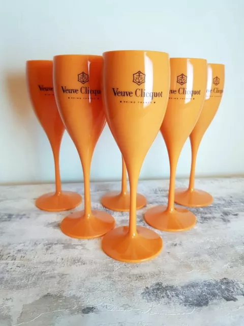 6x Veuve Clicquot Acrylic Plastic Champagne Orange Flutes Glasses180ml 18cm