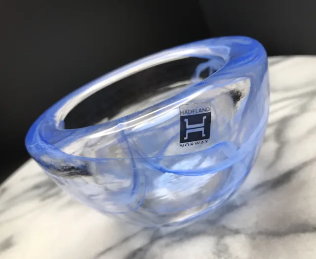 HADELAND GLASSVERK Norway BLUE SWIRL Heavy ART GLASS Bowl/ Candle Holder 4x2.5”