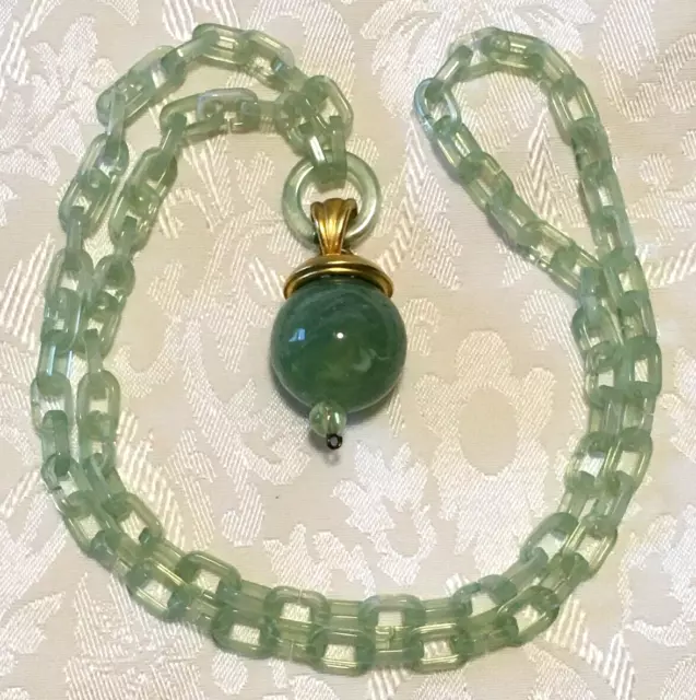 VINTAGE PLASTIC LINK Faux Jade Pendant Necklace Round Sphere Pendant ...