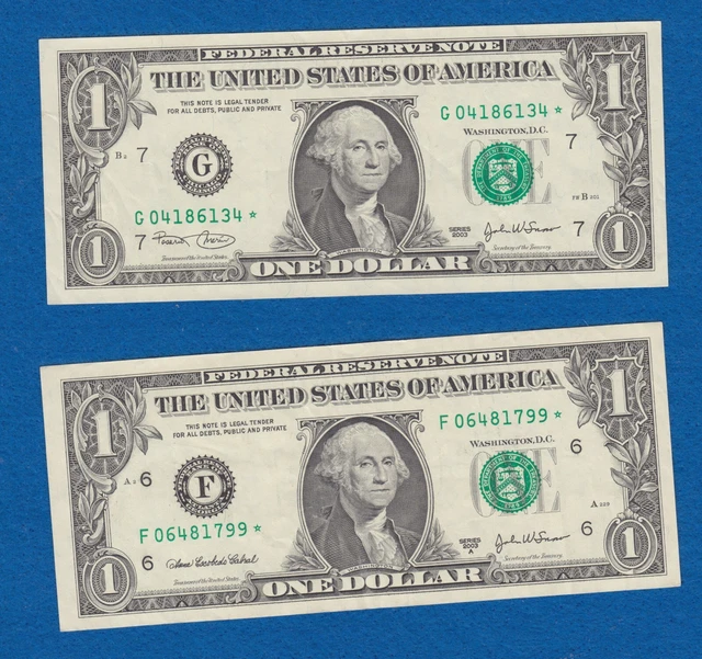 Two  $1  2003 Federal Reserve Note STAR NOTES (F-* 2003-A & G-*2003)