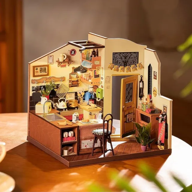 Robotime Cozy Kitchen DIY Miniature Dollhouse Kit Doll House DIY Toy Kids Gifts