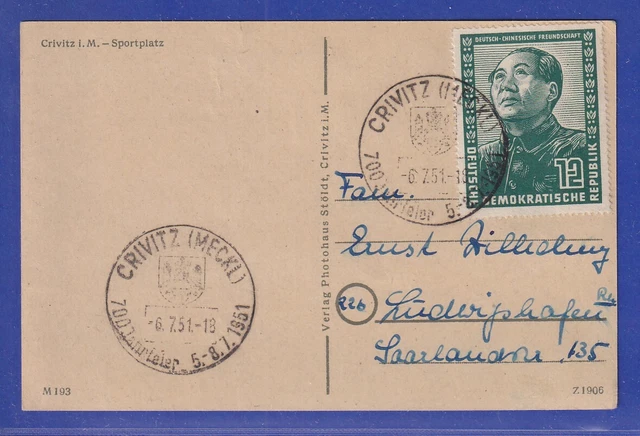 DDR 1951 Chinese Mi.-Nr. 286 als EF auf Karte mit So.-O CRIVITZ gel. in die BRD