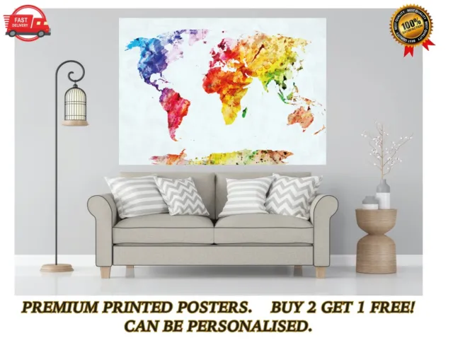 Colour World Map Atlas Large Poster Art Print Personalised A0 A1 A2 A3 A4 Maxi
