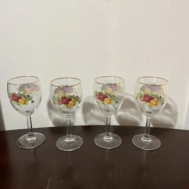 4 Vtg Royal Albert Old Country Roses Wine Goblet Water Glasses 12oz Gold Rim