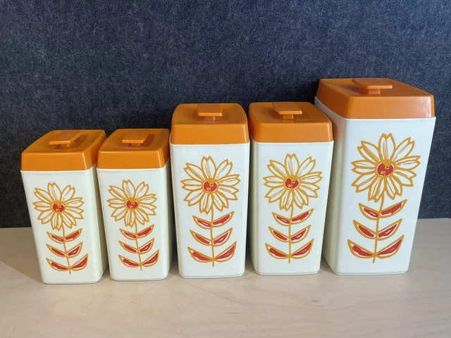 5X MID CENTURY Nylex Australia Plastic Kitchen Canisters 21cm-16cm Retro Flowers $45.00 ...