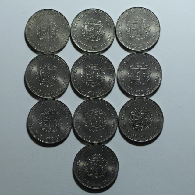 10 x 1972 Elizabeth II Phillip Anniversary Commemorative Crown Coins Collection