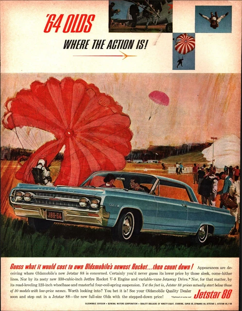 1964 OLDSMOBILE JETSTAR 88 Print Ad "Where the action is!" Sky Diving c2