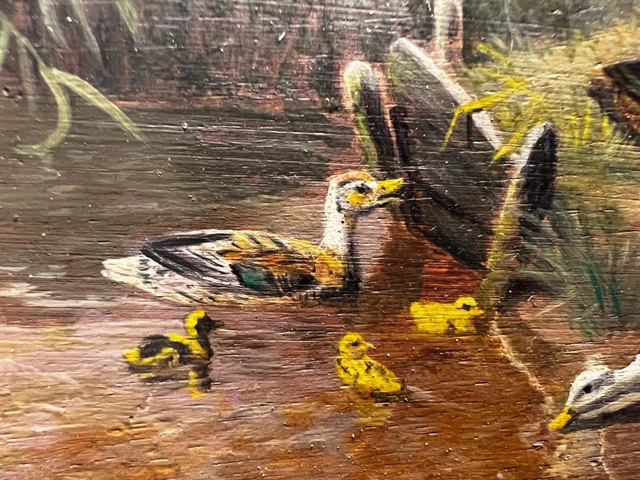 Old Vintage Oil Painting Rural Landscape Ducks Duck Birds Artist Signed Art 3