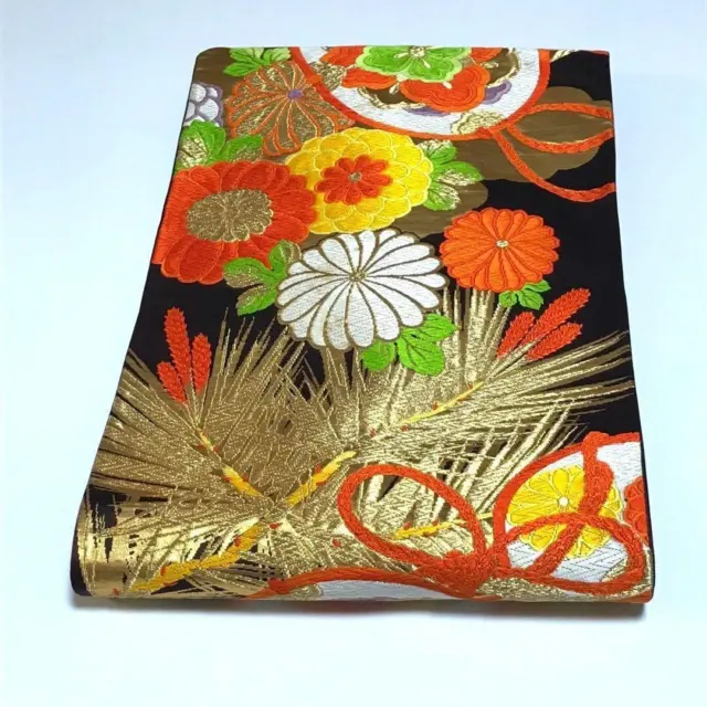 8442# Japanese Vintage Nagoya Obi Belt kimono Pure Silk Gold Thread Black
