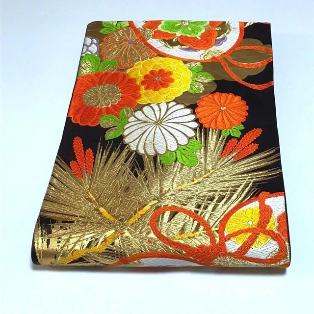 8442# Japanese Vintage Nagoya Obi Belt kimono Pure Silk Gold Thread Black