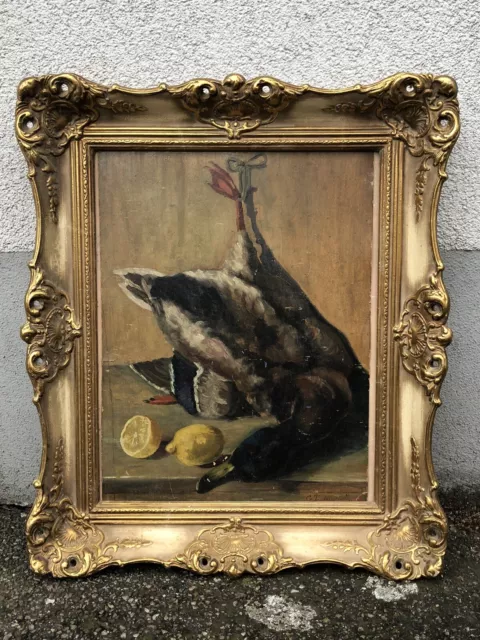Antikes Öl Gemälde tote Ente Jagd Motiv 1912 Rahmen Biedermeier Barock Gold
