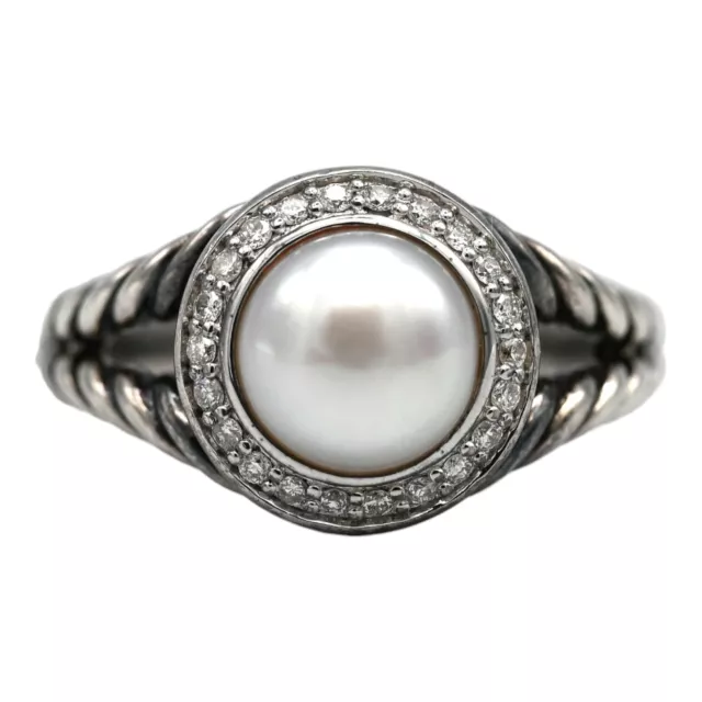 Vintage David Yurman Pearl Diamond Halo Albion Ring Sterling Silver Size 8.25