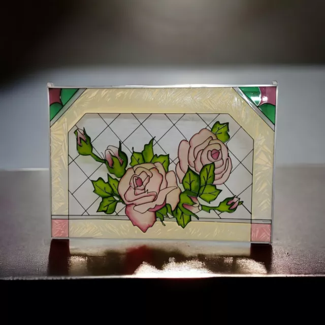 Victorian Hanging Stained Glass Window Floral Pink Rose Patterned 20.5" x 14"