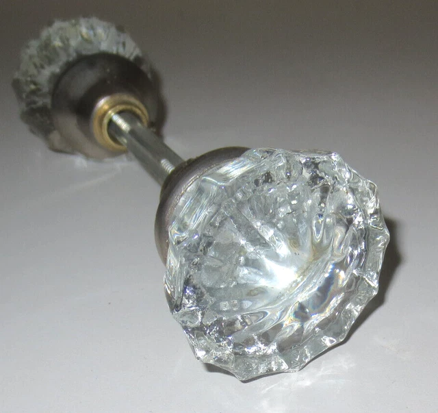 Vintage 12 Point Crystal Glass Door Knobs W/Spindle & Set Screws 2" Knob