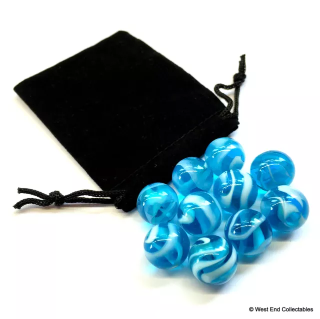 10 x Stunning Clear Azure Blue Swirl Small 16mm Glass Toy Marbles in Gift Bag