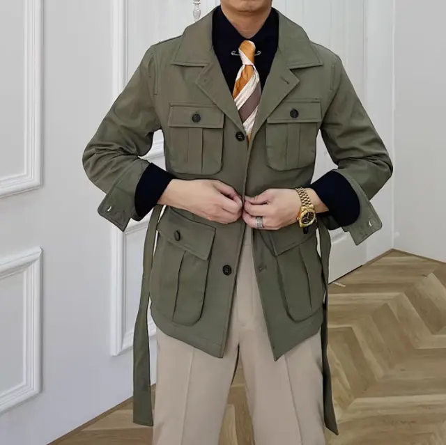 Men's Business Casual British Safari Retro Slim Waist Hunting Coats Jacket