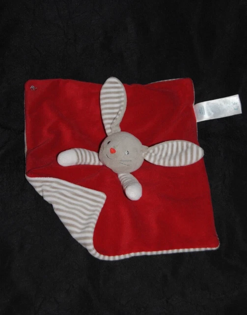 Doudou plat lapin rouge OKAIDI OBAIBI dessous rayé gris blanc TTBE