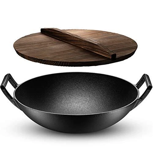 "Sartén Wok de hierro fundido presazonado Klee con tapa y asas de madera - 14" grande...