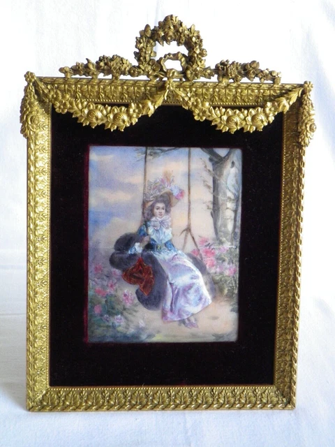 19th SUPERB BEAUTIFUL FRENCH ART NOUVEAU DORE BRONZE PAINTING ENAMEL FRAME