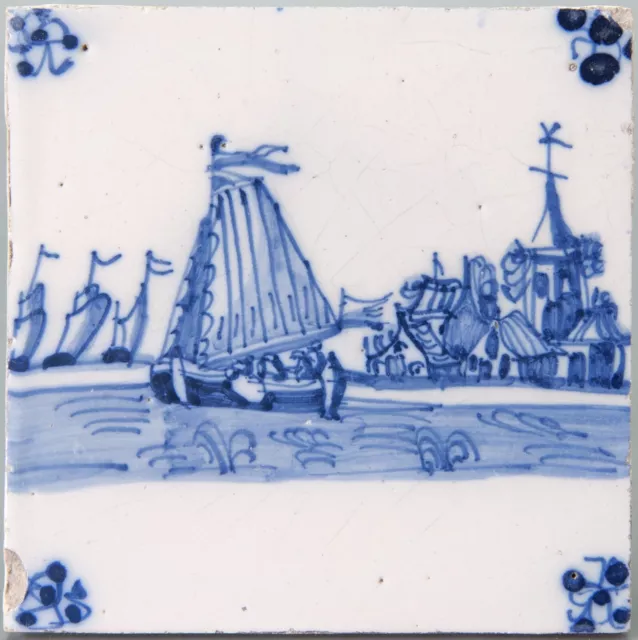 Nice Dutch Delft Blue tile, sailboats and fisherman, circa 1800.