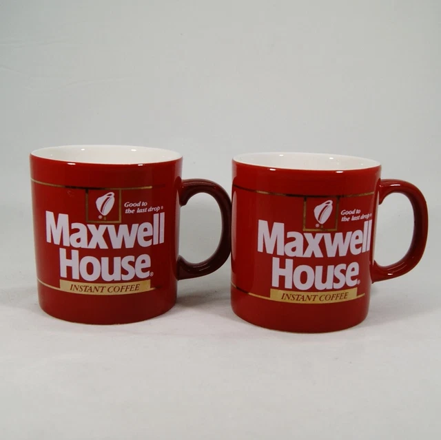 2 Maxwell House Vintage 1980's Instant Coffee Mug Cup Red & White with Gold Trim