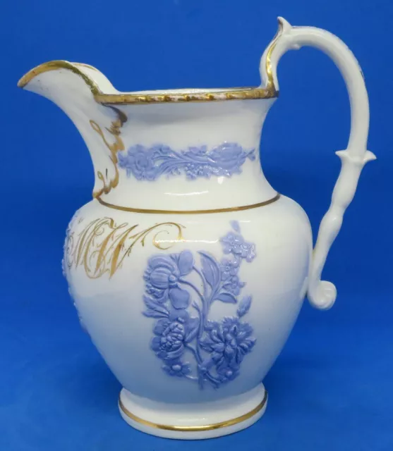 White ceramic blue flower vintage pre Victorian antique named dated jug pitcher