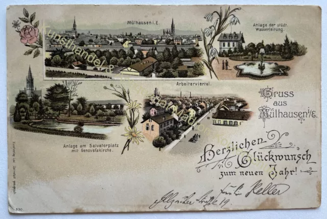 AK Litho Gruss aus Mühlhausen Elsass 1897 Neujahr