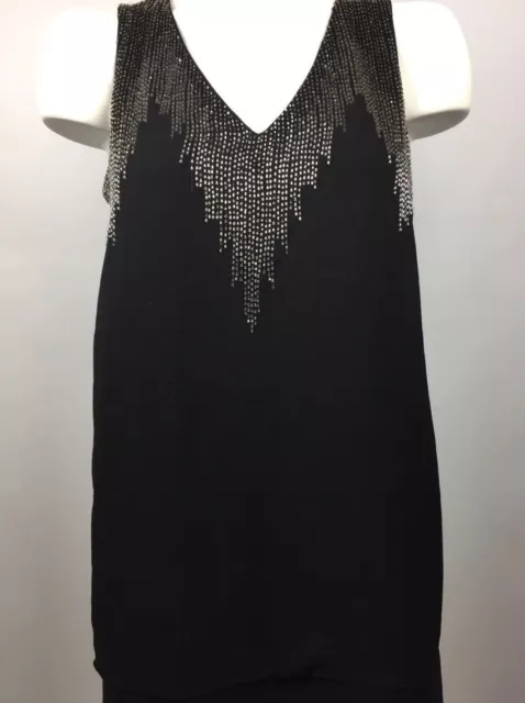 H&M Womens Black Sleeveless V-Neck Silver Beaded Cocktail Dress Mini Shift Sz 8